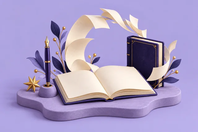 Cuaderno y pluma entre hojas de papel que forman un arco
