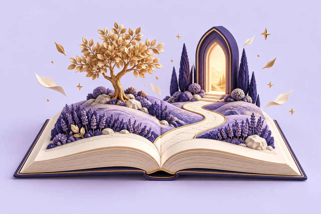Un libro abierto se transforma en un jardín con un camino hacia una puerta luminosa